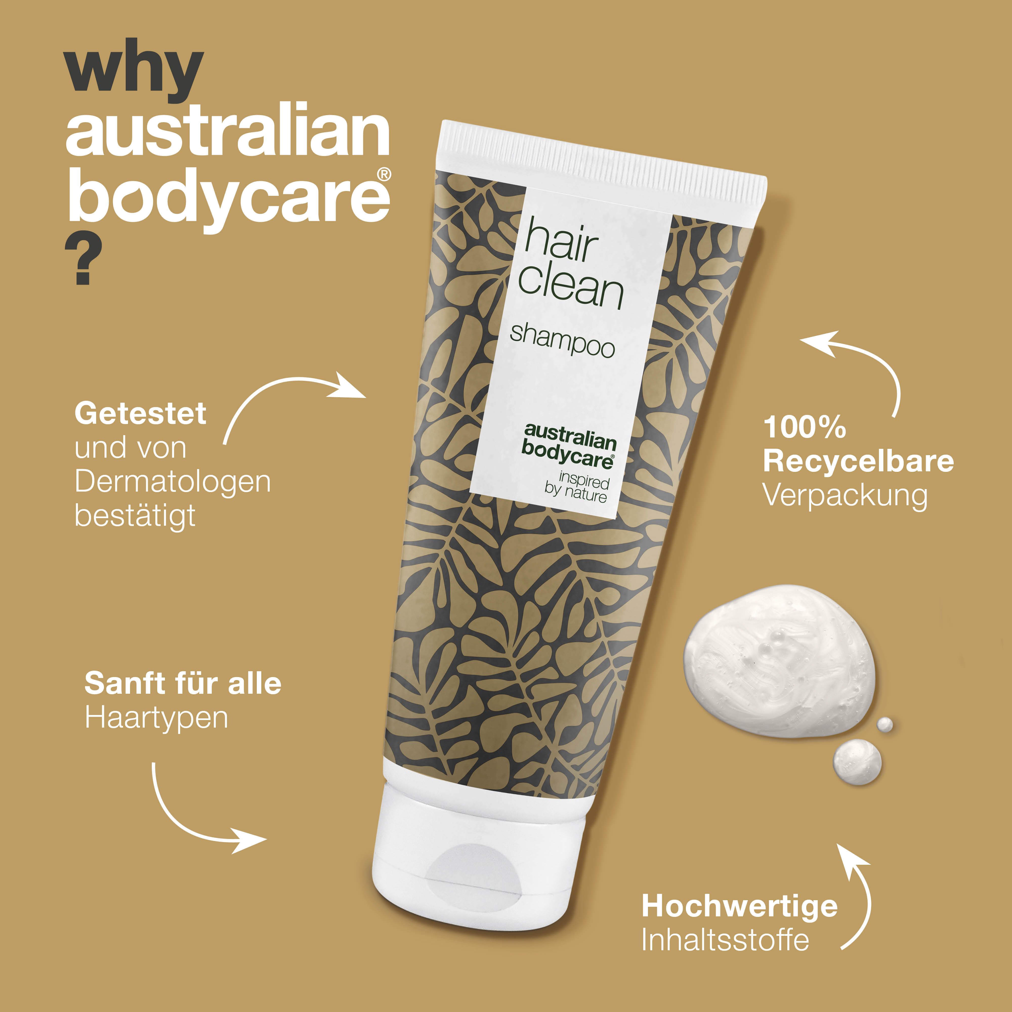 Produkt-Tube. Aufschrift: hair clean shampoo, australian bodycare, 100% recycelbare Verpackung.