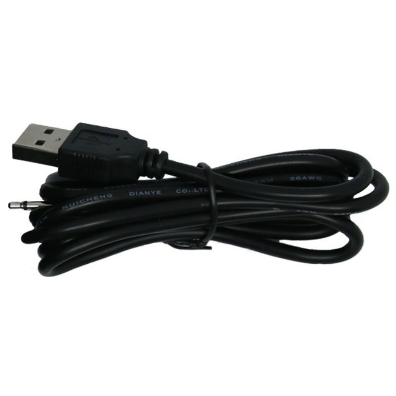 Schwarzes USB-Kabel mit 3,5-mm-Stecker. Für das Aufladen des Produkts.