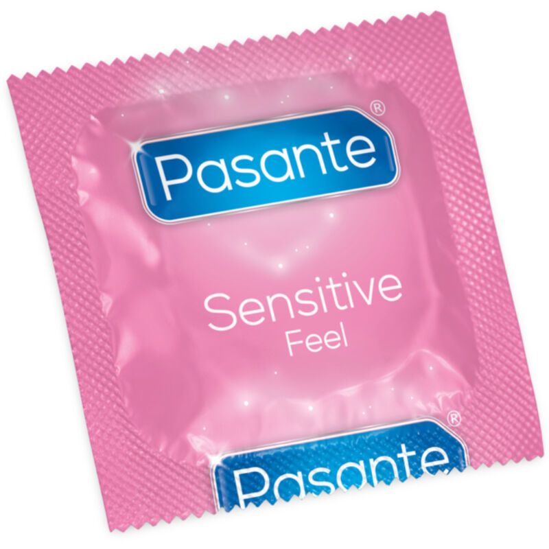 Rosa Kondomverpackung mit Produktnamen Pasante Sensitive Feel.