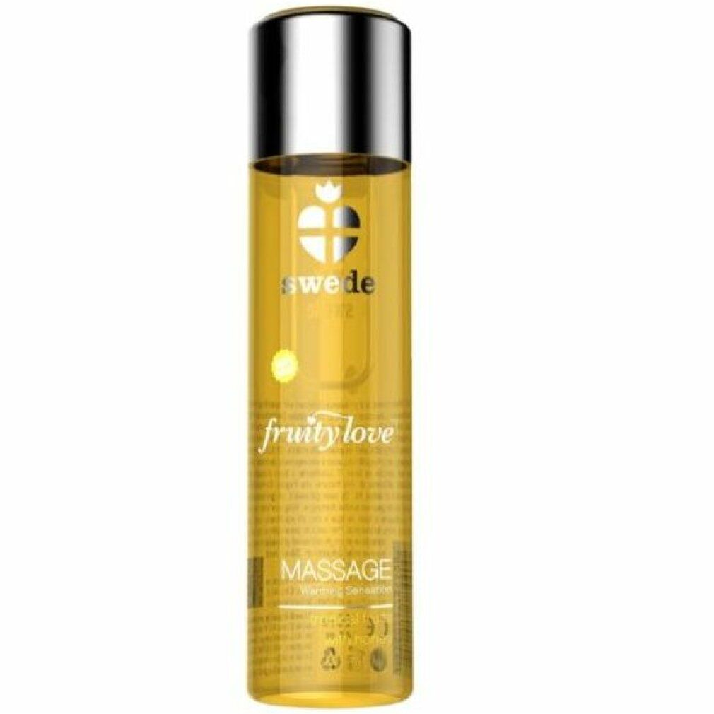 Zylindrische Flasche mit silbernem Deckel. Aufschrift: Swede, Fruity Love, Massage.