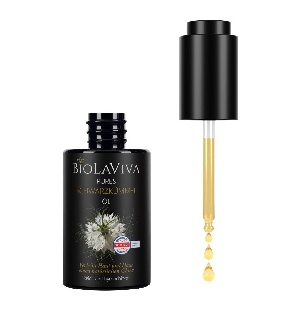 BIOLAVIVA Pures BIO-Schwarzkümmelöl-Flasche mit Tropfer. Schwarze Flasche, Etikett mit Logo und Blüte. Tropfer mit Öl.