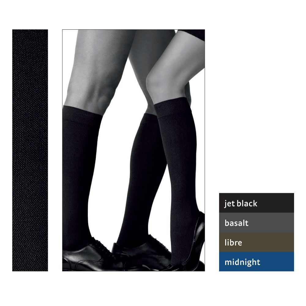 Kniestrümpfe in Schwarz. Farbpalette mit 'jet black', 'basalt', 'libre' und 'midnight'.