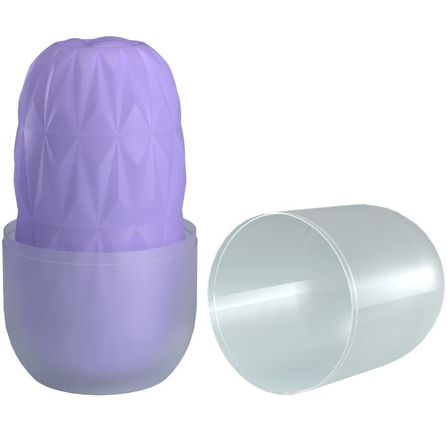Lila Produkt in transparenter Kapsel. Geometrische Musterung, längliche Form.