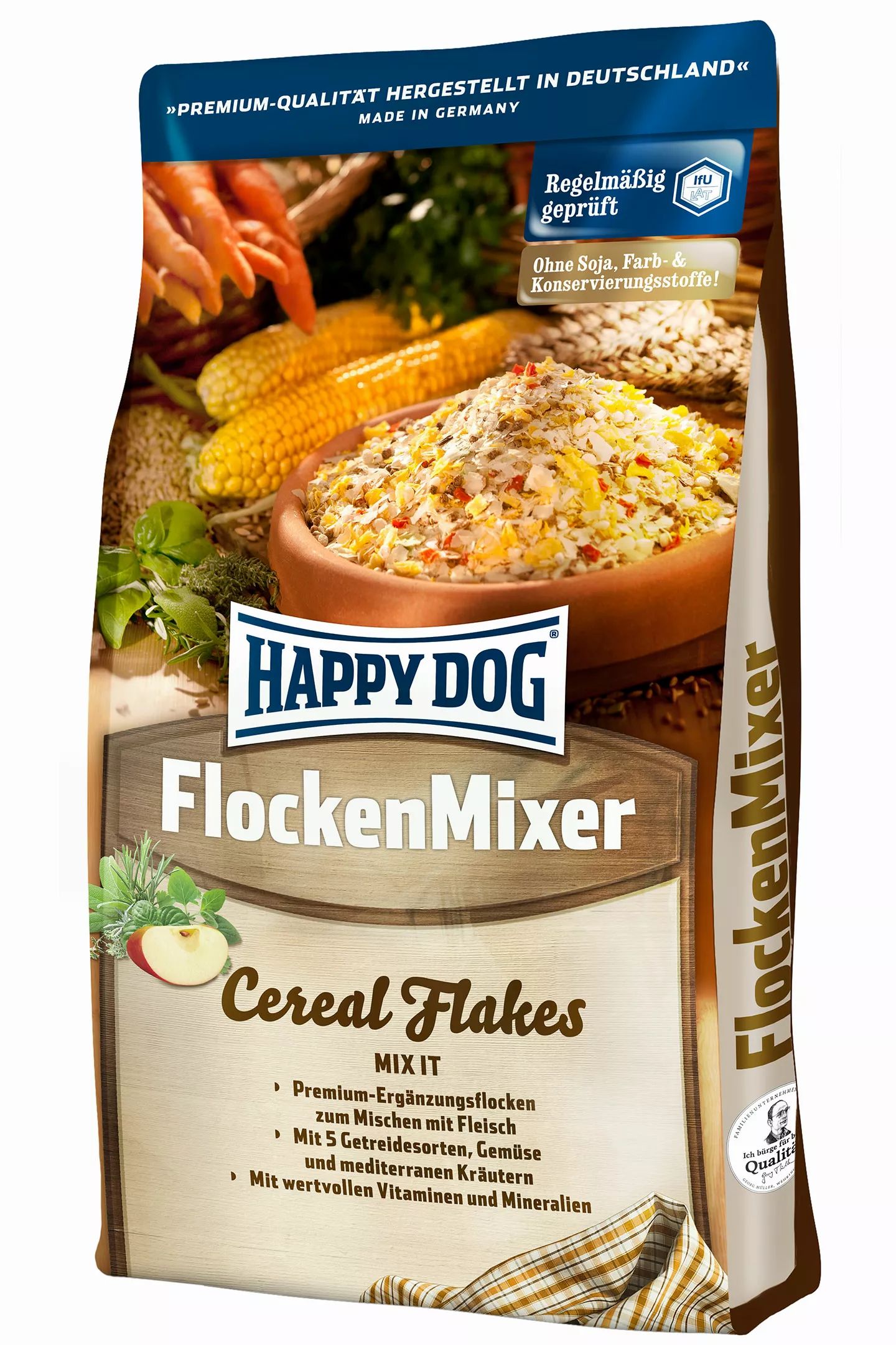 Verpackung von Happy Dog FlockenMixer. Enthält Getreideflocken, Gemüse und Kräuter. "Premium-Qualität" und "Made in Germany".