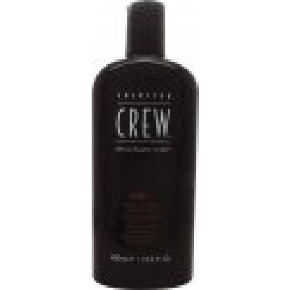 Schwarze Flasche mit schwarzem Deckel. Aufschrift: AMERICAN CREW. Enthält Shampoo, Conditioner und Body Wash. 450ml.