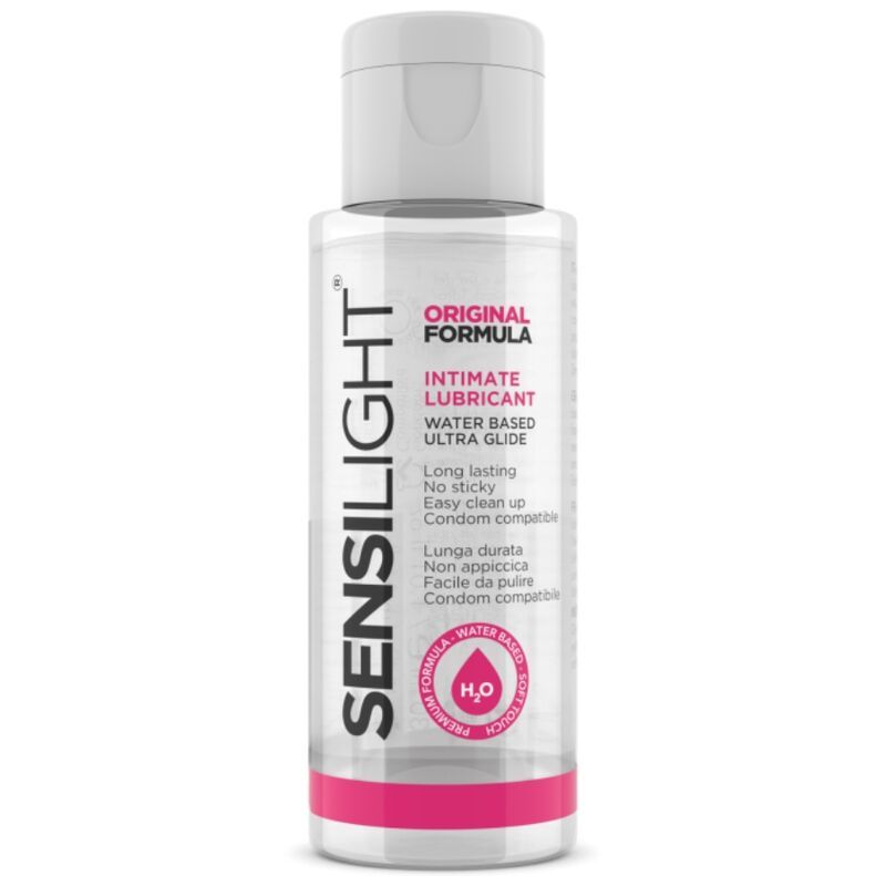 Transparente Flasche mit weißem Deckel. Aufschrift: SENSILIGHT, ORIGINAL FORMULA, Intimate Lubricant, Wasserbasis.