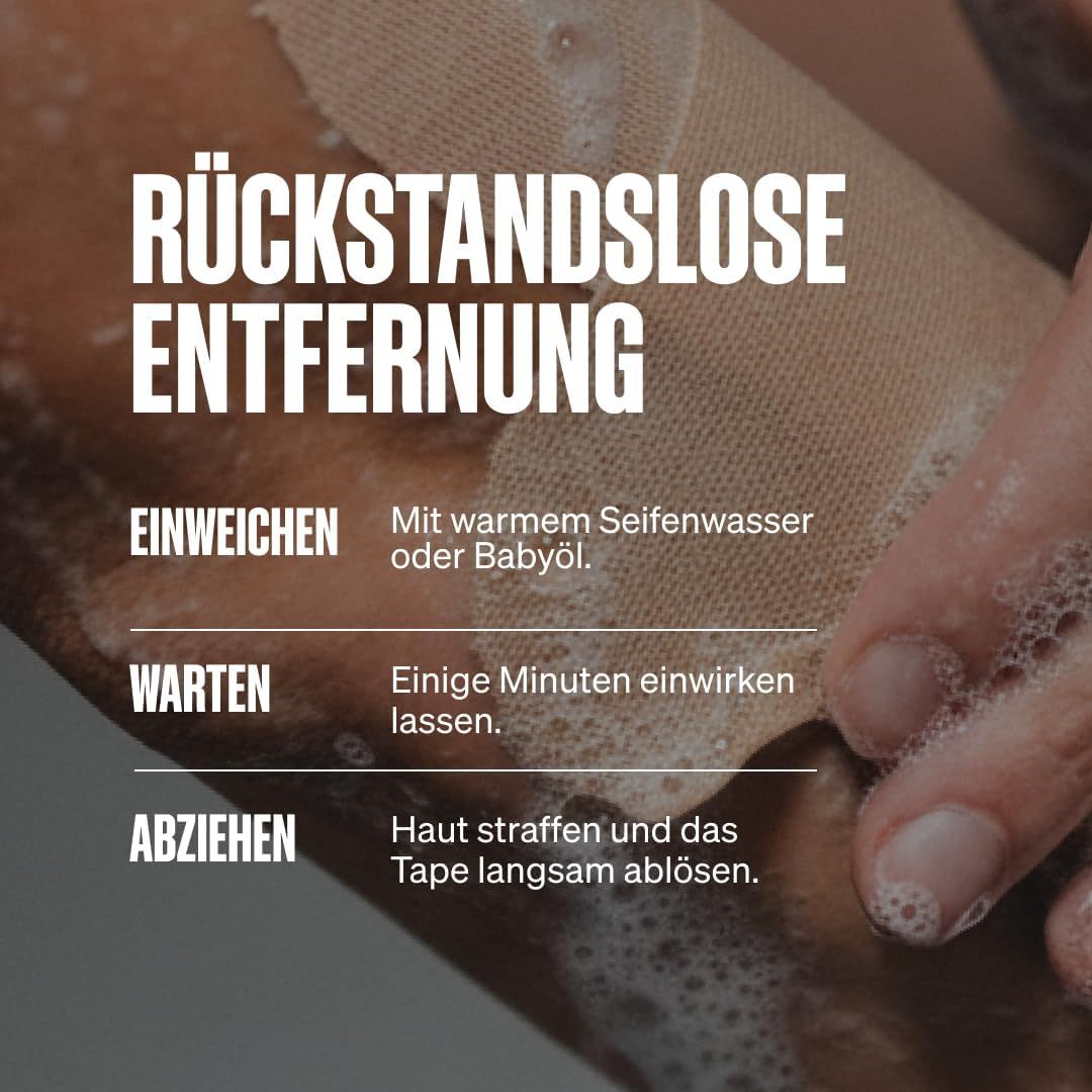 Rückstandslose Entfernung von Kinesio-Tape durch Einweichen mit warmem Seifenwasser oder Babyöl.