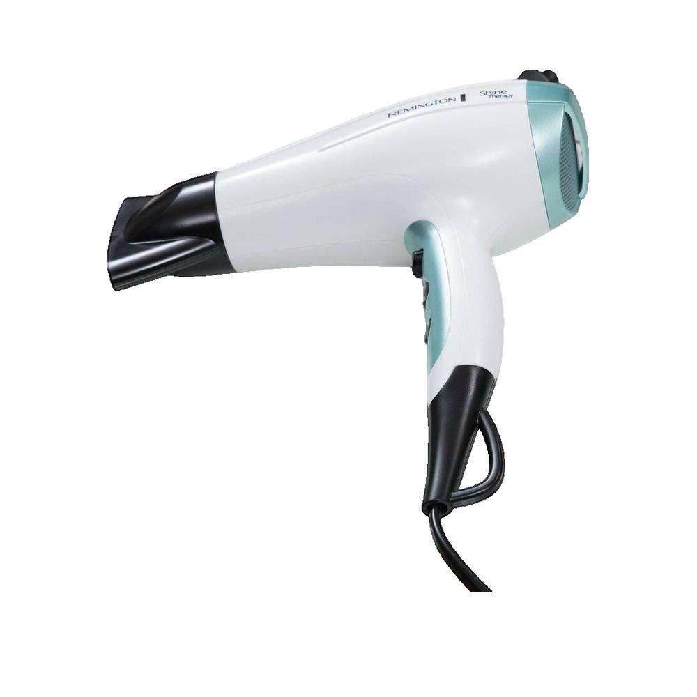 Weißer Haartrockner mit schwarzen und hellblauen Akzenten. Schwarzer Griff und Düse. Remington-Logo.