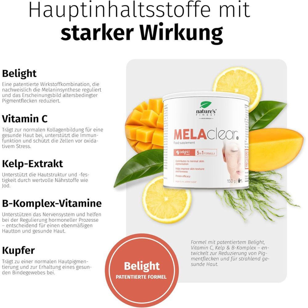 Produkt MELAclear mit Mango, Zitrone und Kelp-Extrakt. Text: Vitamin C, Kelp-Extrakt, B-Komplex-Vitamine, Kupfer.
