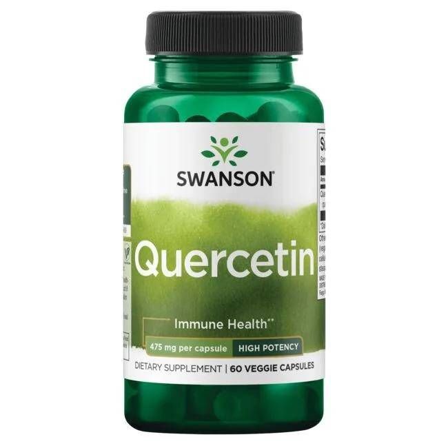 Grüne Flasche mit schwarzem Deckel. Aufschrift: SWANSON Quercetin, 475 mg pro Kapsel, 60 Kapseln. Nahrungsergänzungsmittel.