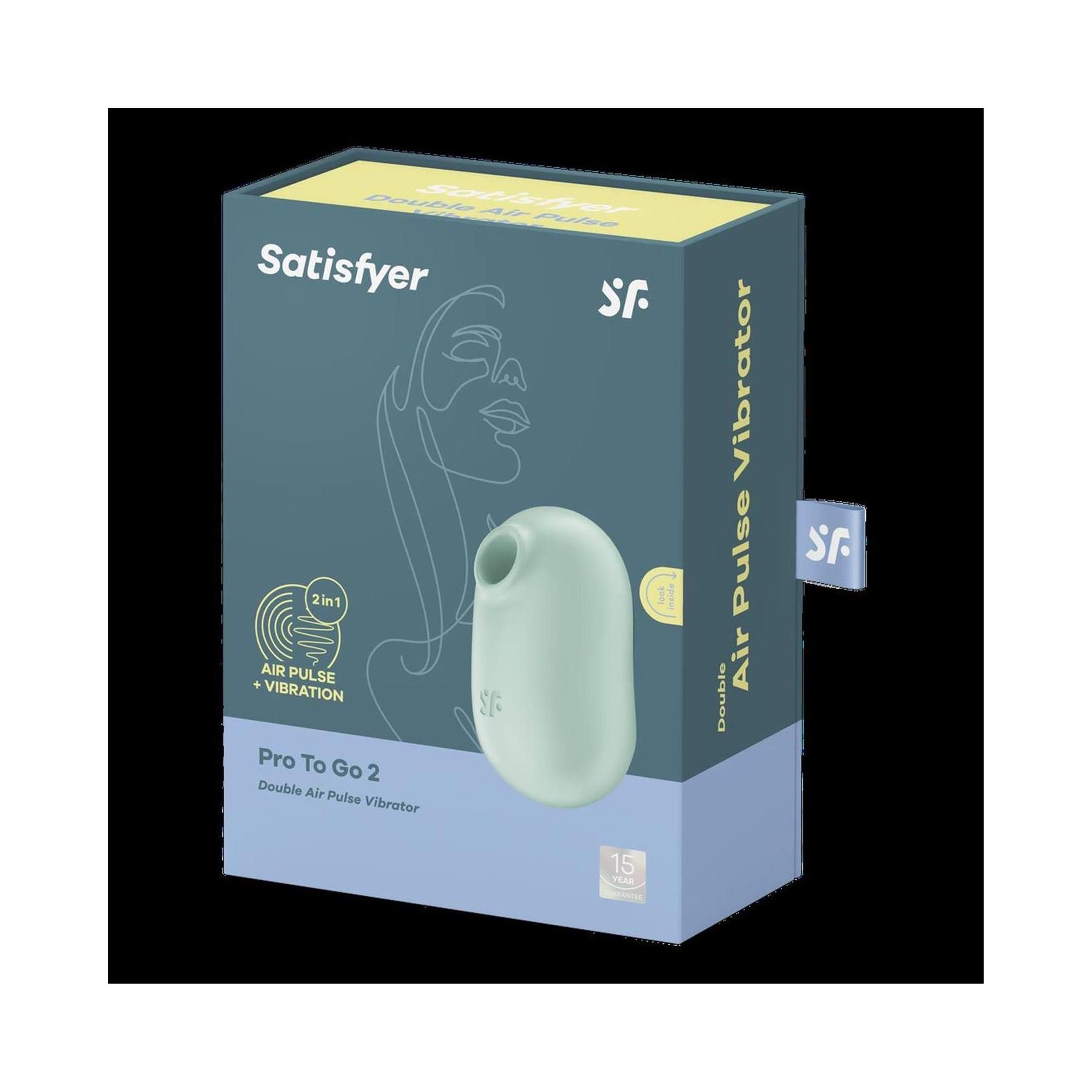 Verpackung von Satisfyer Pro To Go 2. Auf der Verpackung sind das Produkt, Logos und Text abgebildet.