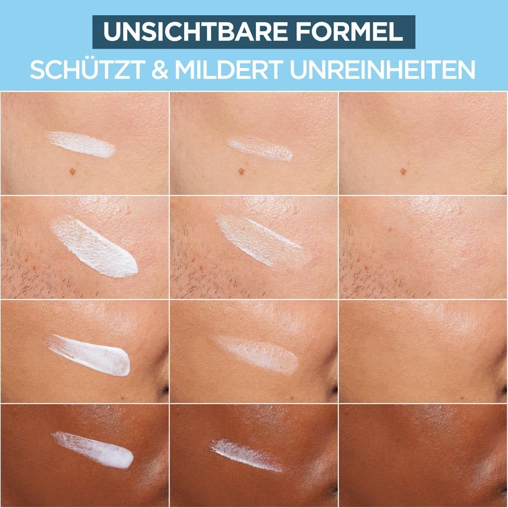Nahaufnahme von Hautpartien. Creme aufgetragen. Vergleich Vorher/Nachher. Text: Schützt & mildert Unreinheiten.
