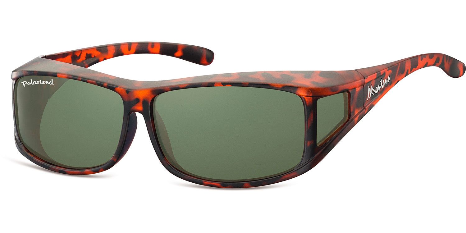Sonnen-Überbrille mit braunem Schildpattmuster. Grüne Gläser, seitlicher Schutz. Marke Montana Eyewear.