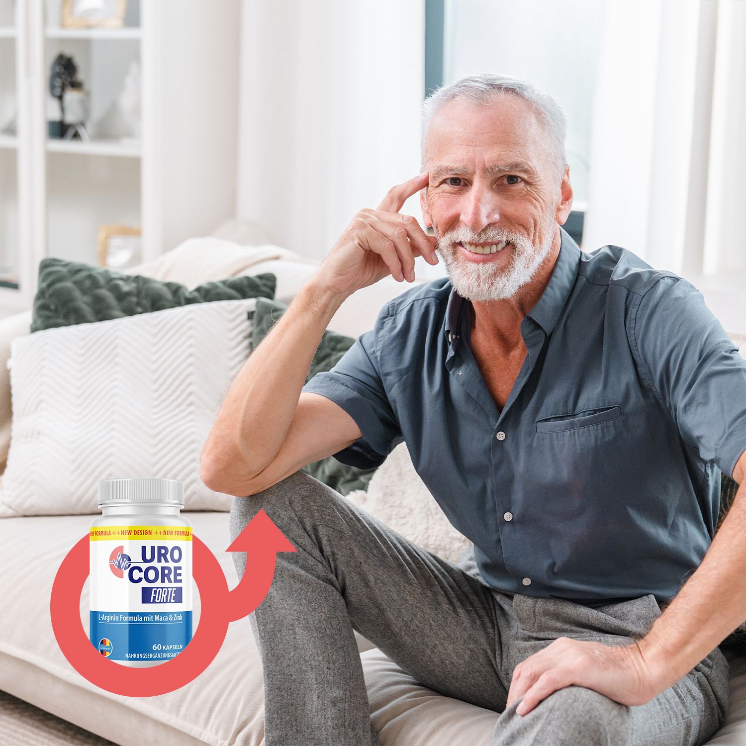 Älterer Mann sitzt auf Sofa, Dose UroCore Forte. Roter Pfeil. Text: UroCore Forte. Männlichkeits-Symbol. Produktabbildung im Kontext.