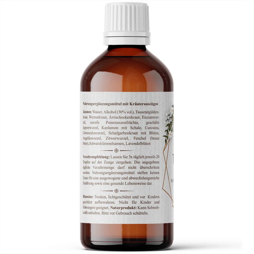 Rückseite einer braunen Glasflasche. Etikett mit Inhaltsstoffen und Anwendungshinweisen. Enthält Kräuterauszüge.