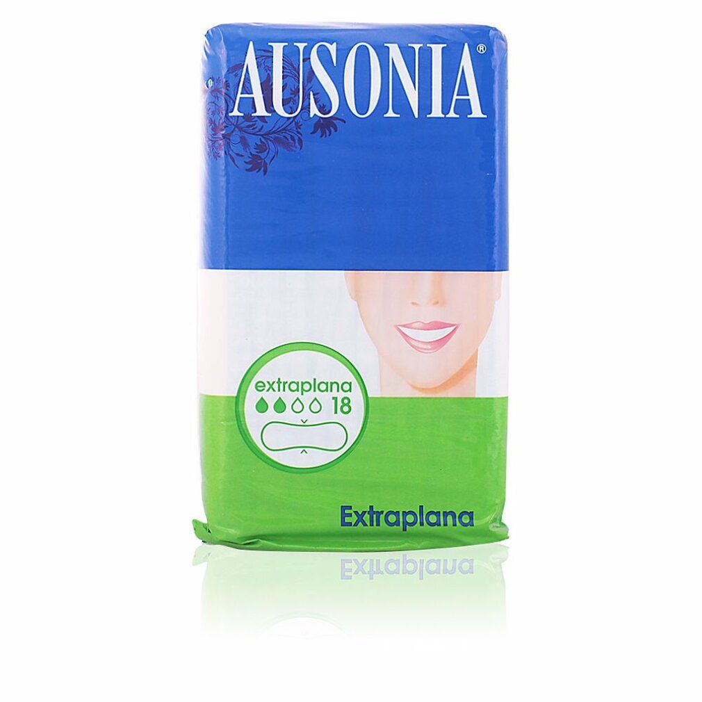 Verpackung mit Damenbinden. Marke Ausonia. Blau, weiß und grün. Aufdruck: Extraplana, 18 Stück. Abbildung eines Gesichts.