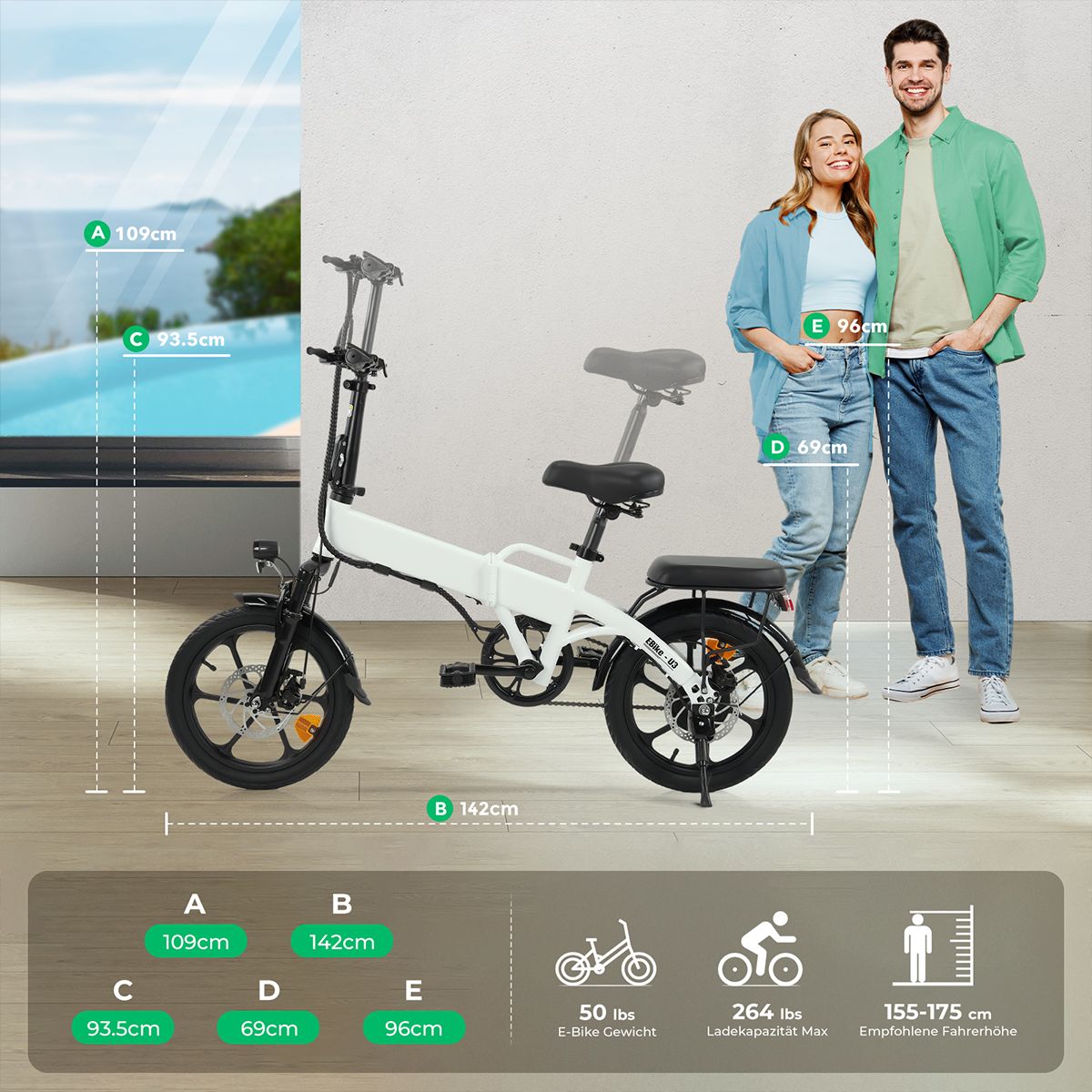 Weißes E-Bike mit Maßangaben. Maße: 109cm, 142cm, 93.5cm, 69cm, 96cm. Gewicht: 50 lbs. Max. Belastung: 264 lbs.