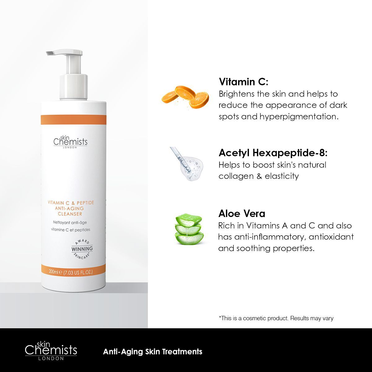 Produktflakon mit Text: skinChemists, Vitamin C & Peptide Anti-Aging Cleanser. Inhaltsstoffe: Vitamin C, Acetyl Hexapeptide-8, Aloe Vera.