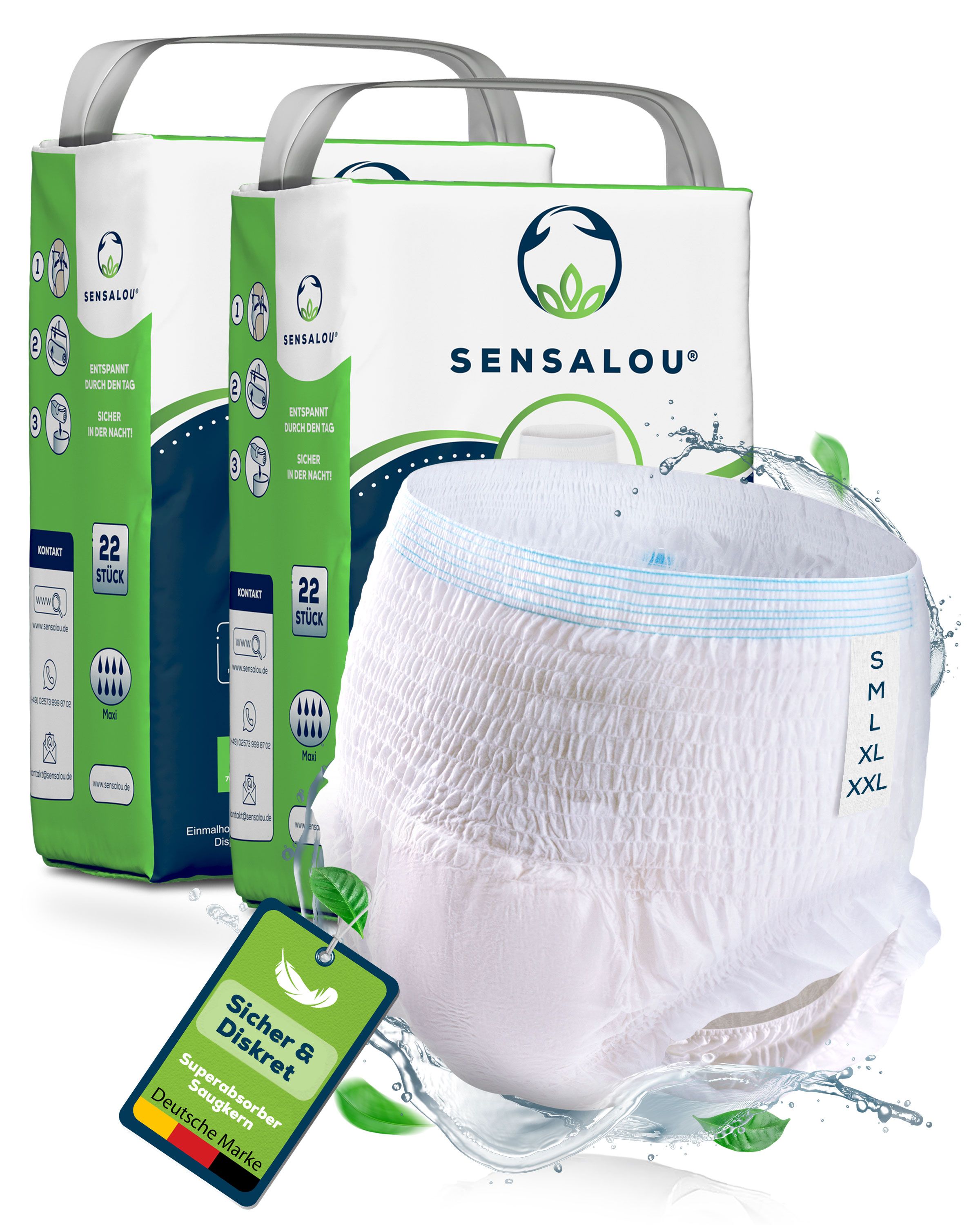 Zwei Packungen Sensalou Inkontinenz Pants. Eine Pants liegt davor. Aufdrucke: Sensalou, 22 Stück, S, Sicher & Diskret, Deutsche Marke.