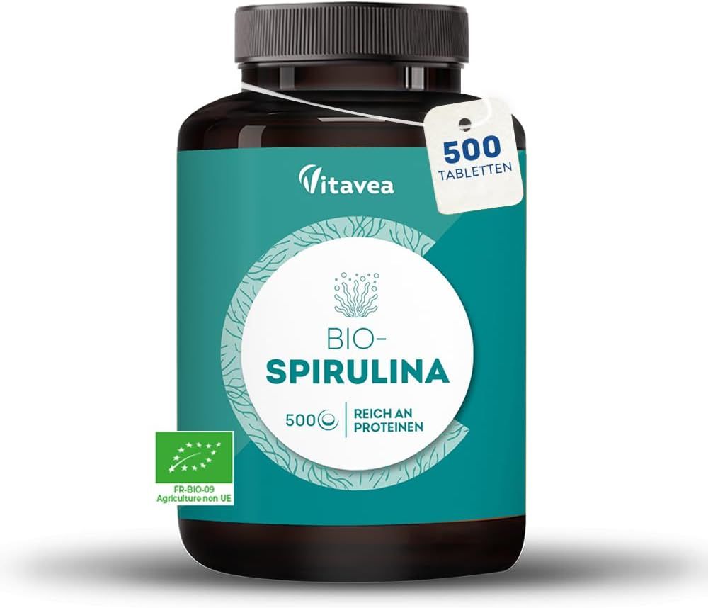 Braune Flasche mit grüner Etikettierung. Enthält 500 Tabletten Spirulina BIO. Mit EU-Bio-Siegel.
