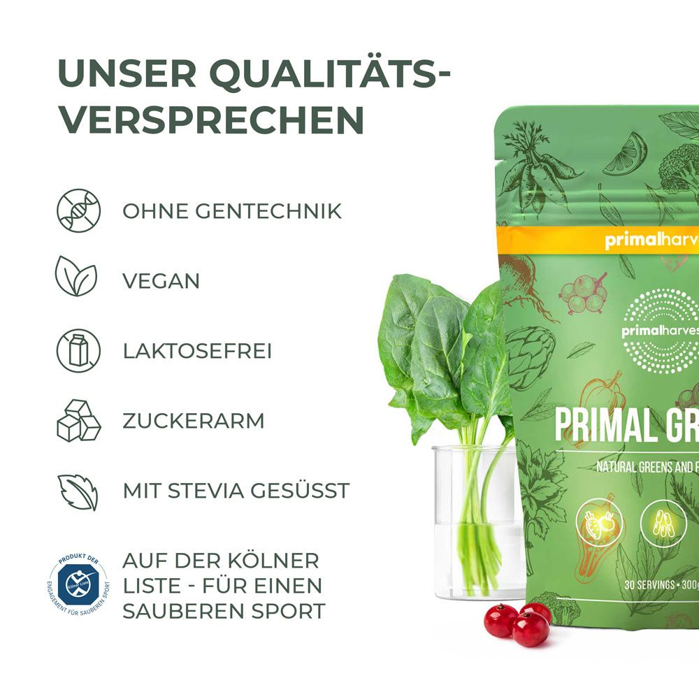 Qualitätsversprechen von Primal Greens. Ohne Gentechnik, vegan, laktosefrei, zuckerarm, mit Stevia.