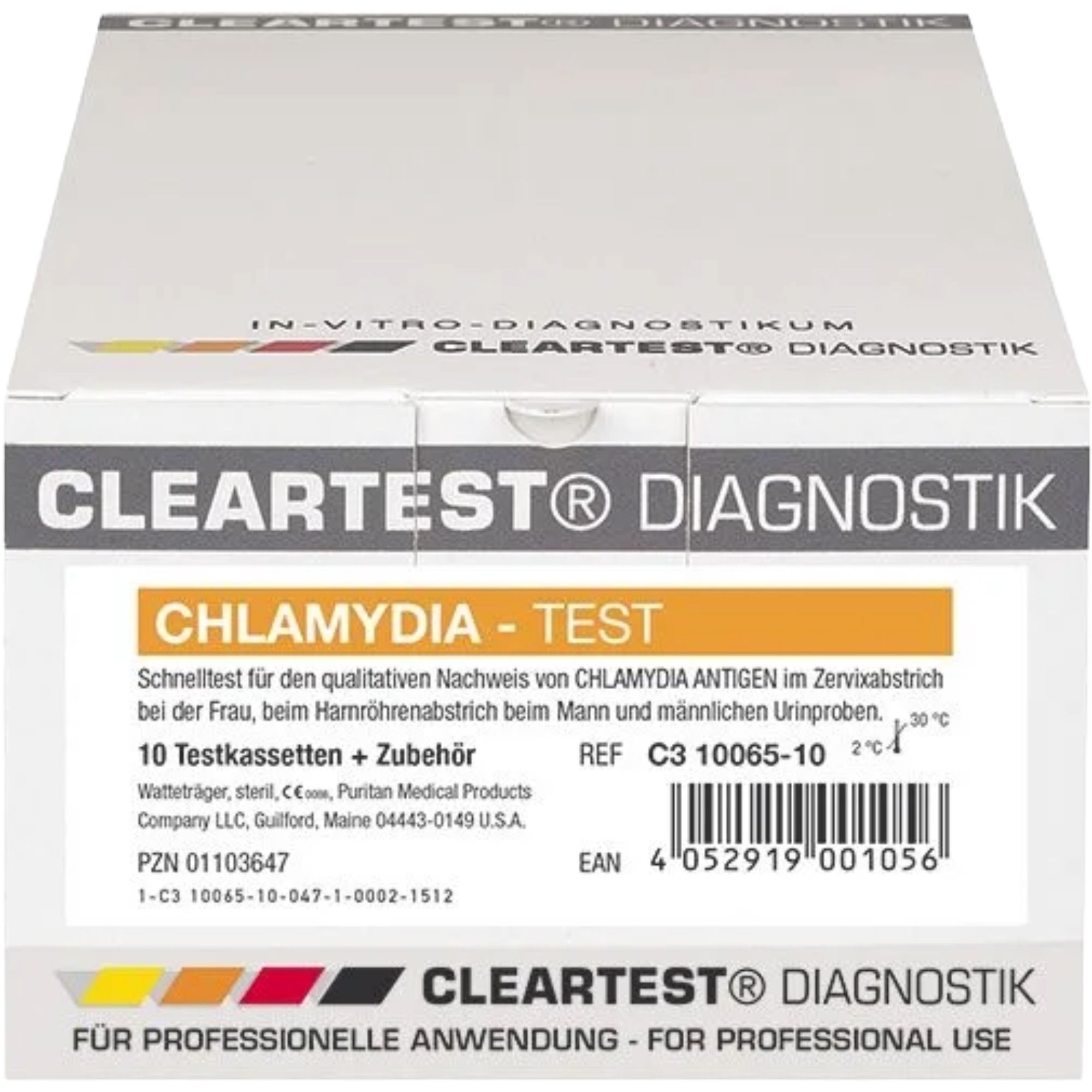 Verpackung von Cleartest Chlamydia-Test. Aufschrift: Chlamydia-Test, 10 Testkassetten + Zubehör. Marke: Cleartest Diagnostik.