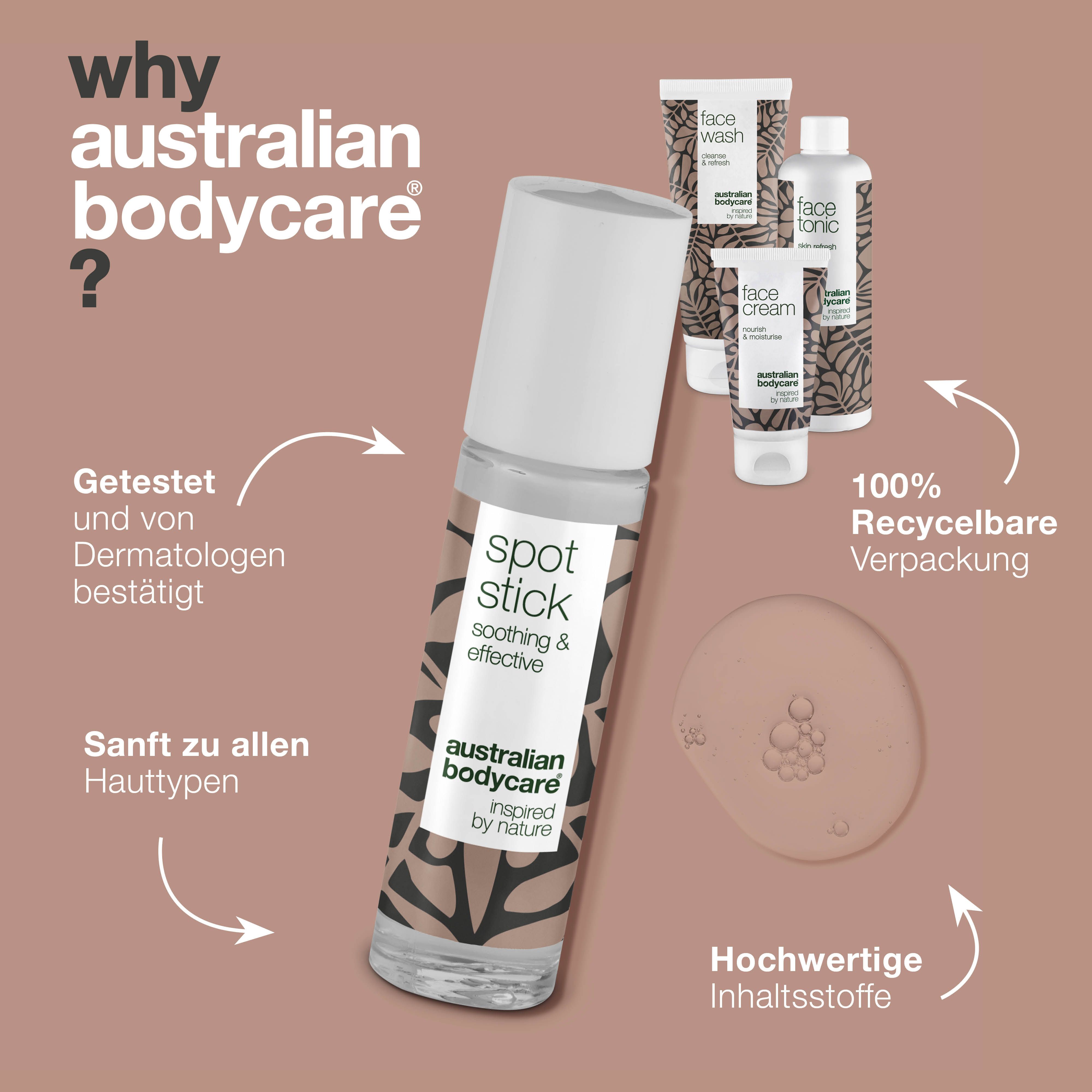 Spot Stick mit braunen Mustern. Daneben drei Produkte. Text: Getestet und von Dermatologen bestätigt. 100% recycelbar.