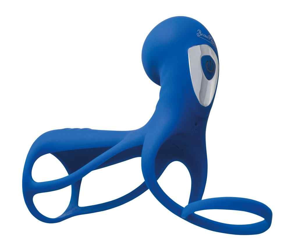 Blaues Wellness-Produkt mit geschwungenem Design. Mit silberfarbenem Element und Logo. Ringförmige Öffnung.