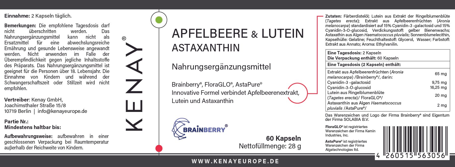 Etikett mit Produktinformationen. Enthält Angaben zu Inhaltsstoffen, Dosierung und Hersteller. Marke: KENAY. Produktname: Apfelbeere & Lutein Astaxantin.