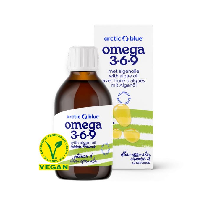 Braune Glasflasche mit weißem Deckel und Etikett. Karton mit Produktinformationen. Vegan-Siegel.