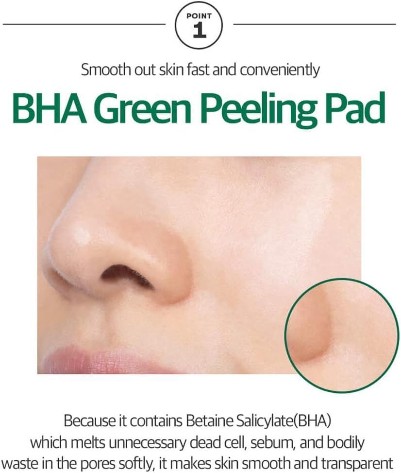 Nahaufnahme einer Nase. Text: BHA Green Peeling Pad. Beschreibt die Wirkung auf die Hautporen und das Hautbild.