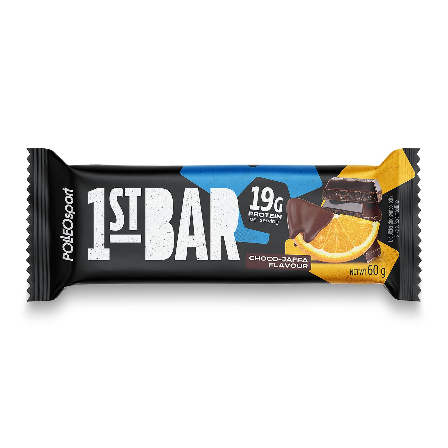 Schwarze Proteinriegel-Verpackung mit blauem Akzent. Produktname, Proteinangabe und Abbildung von Schoko-Jaffa. Nettogewicht 60g.
