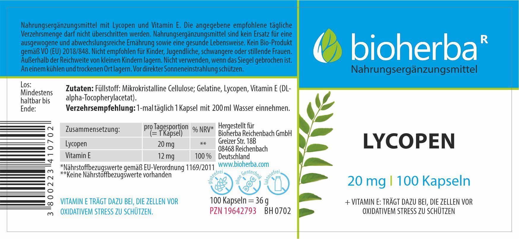 Etikett mit Produktinformationen. Aufschrift: Lycopen 20 mg | 100 Kapseln. Text: Vitamin E schützt vor oxidativem Stress. Logo: bioherba.