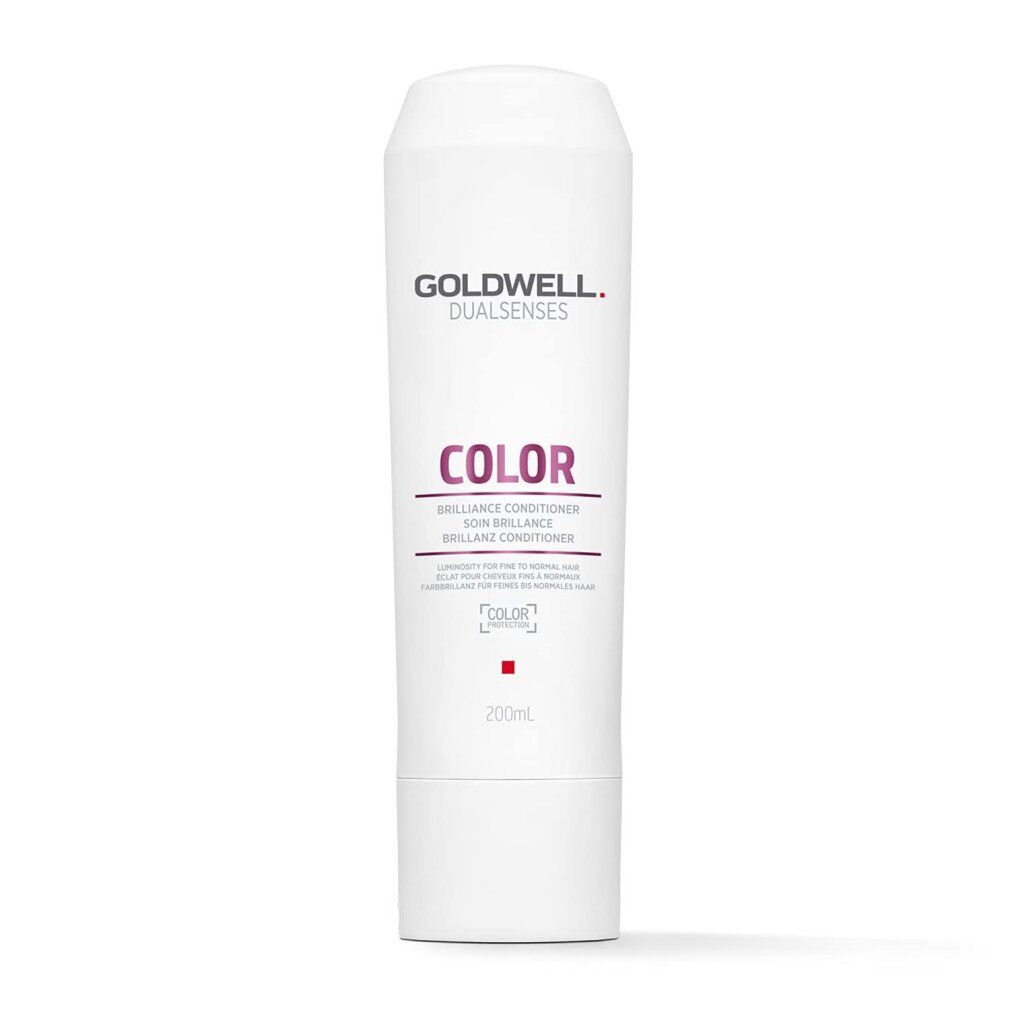 Goldwell Dual Senses Color Conditioner. Weiße Tube mit lila Schrift. Enthält 200ml. Produktname und Marke deutlich sichtbar.