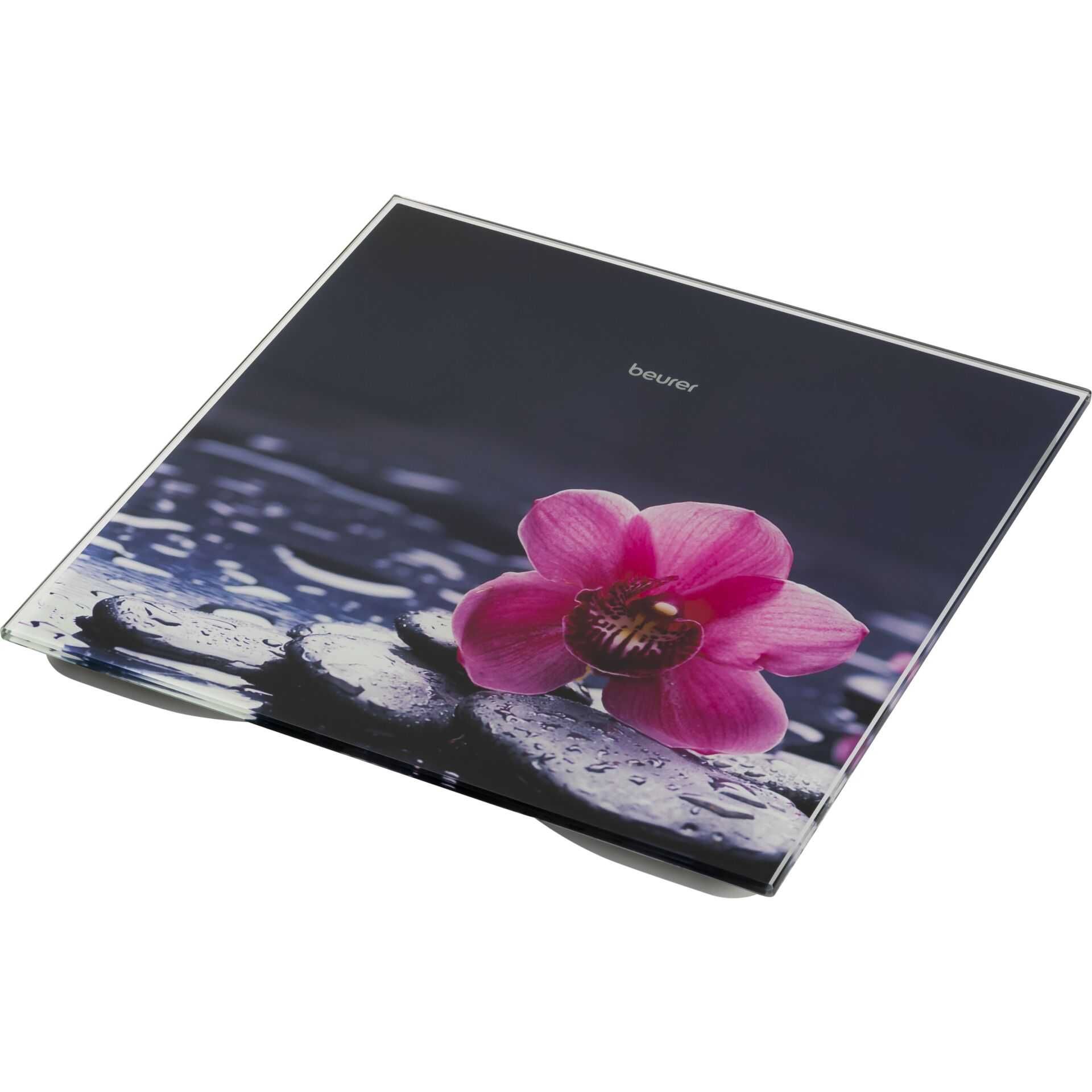 Glaswaage mit digitaler Anzeige. Schwarze Oberfläche mit pinker Orchidee und Steinen. Marke: Beurer.