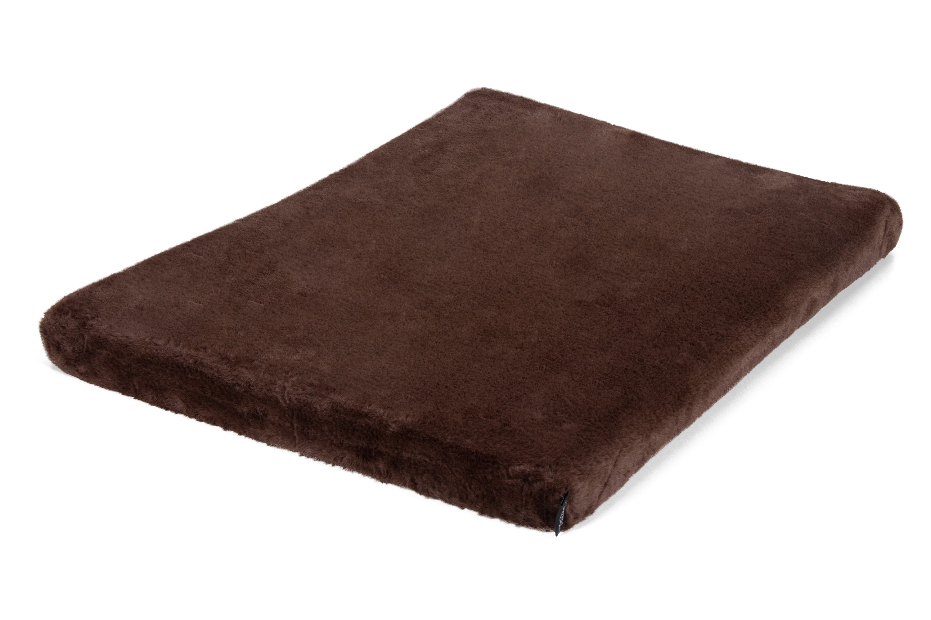 Braune, rechteckige Hundematratze. Der Reißverschluss ist an einer Ecke sichtbar.