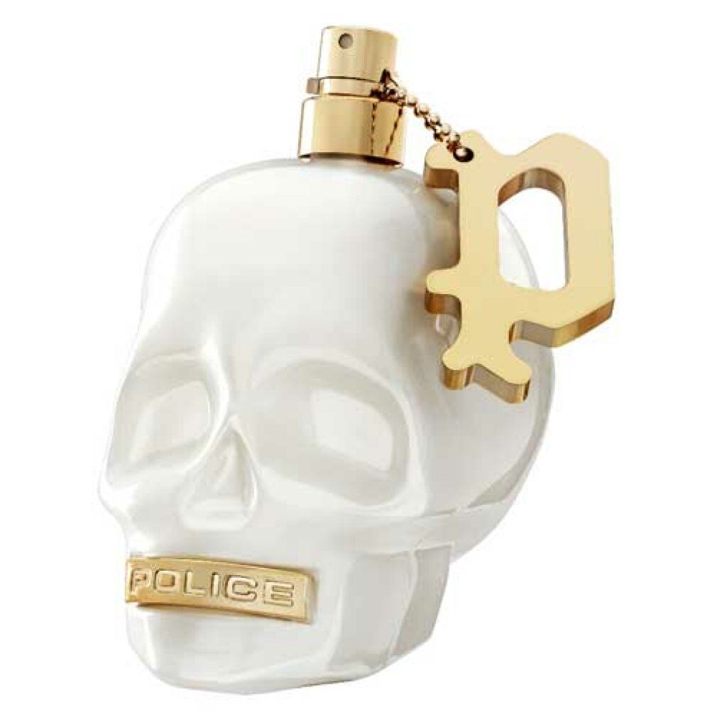 Weißer Flakon in Schädelform mit goldfarbenem Verschluss und Anhänger. Aufschrift: POLICE.