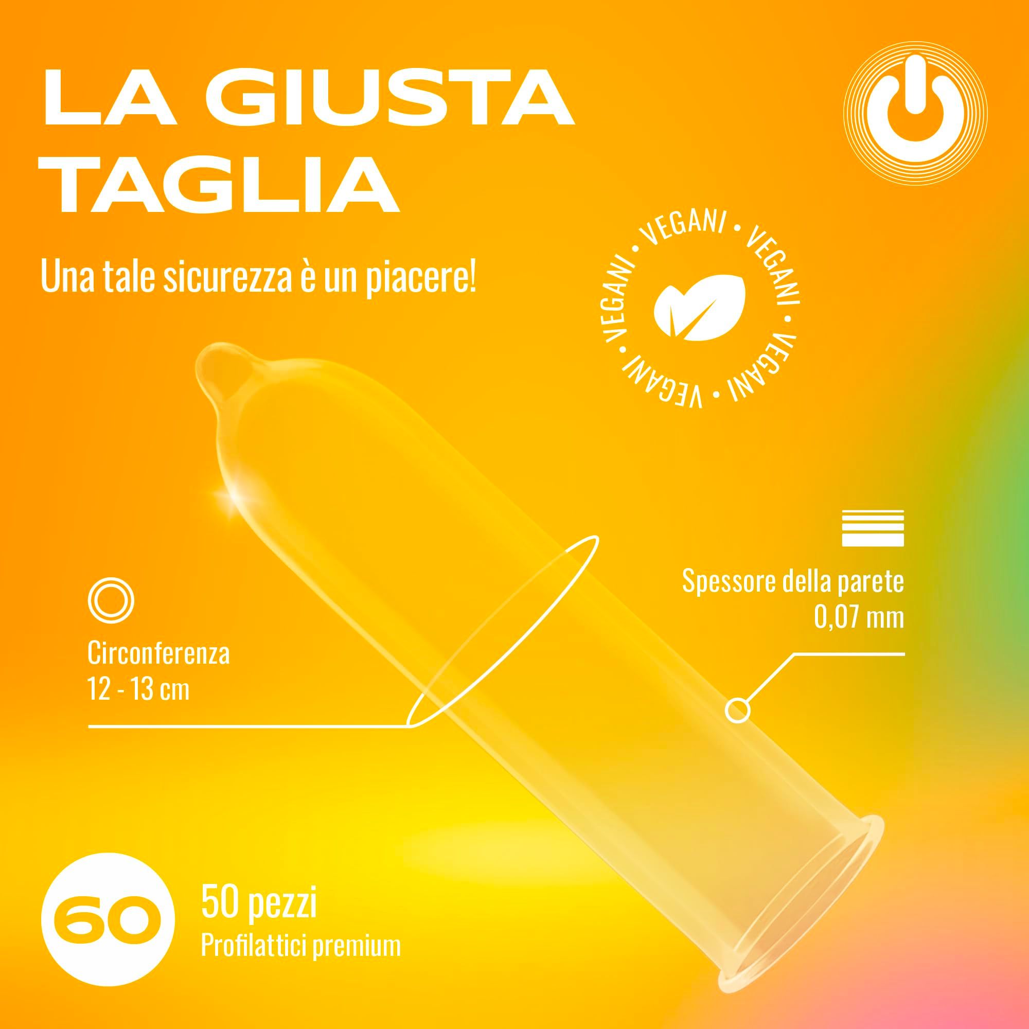 Ein transparentes Kondom mit ONsize Logo. Text: Die richtige Größe. Vegan.