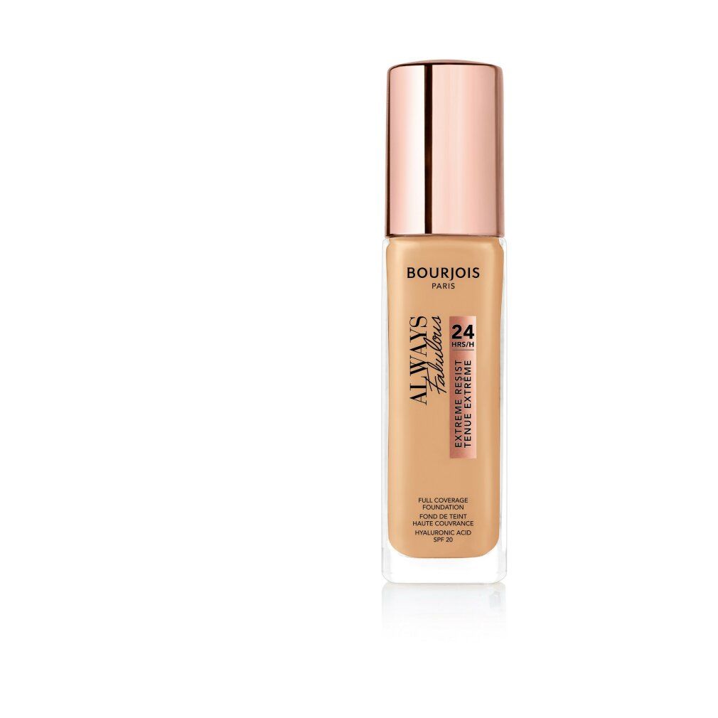 Bourjois Always Fabulous Foundation-Flasche mit roségoldener Kappe. Beige Foundation. Aufschrift.