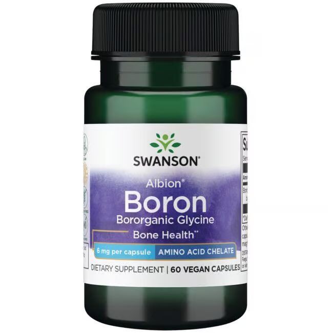 Grüne Flasche mit schwarzem Deckel. Aufschrift: SWANSON Albion Boron, 6 mg pro Kapsel, 60 vegane Kapseln.