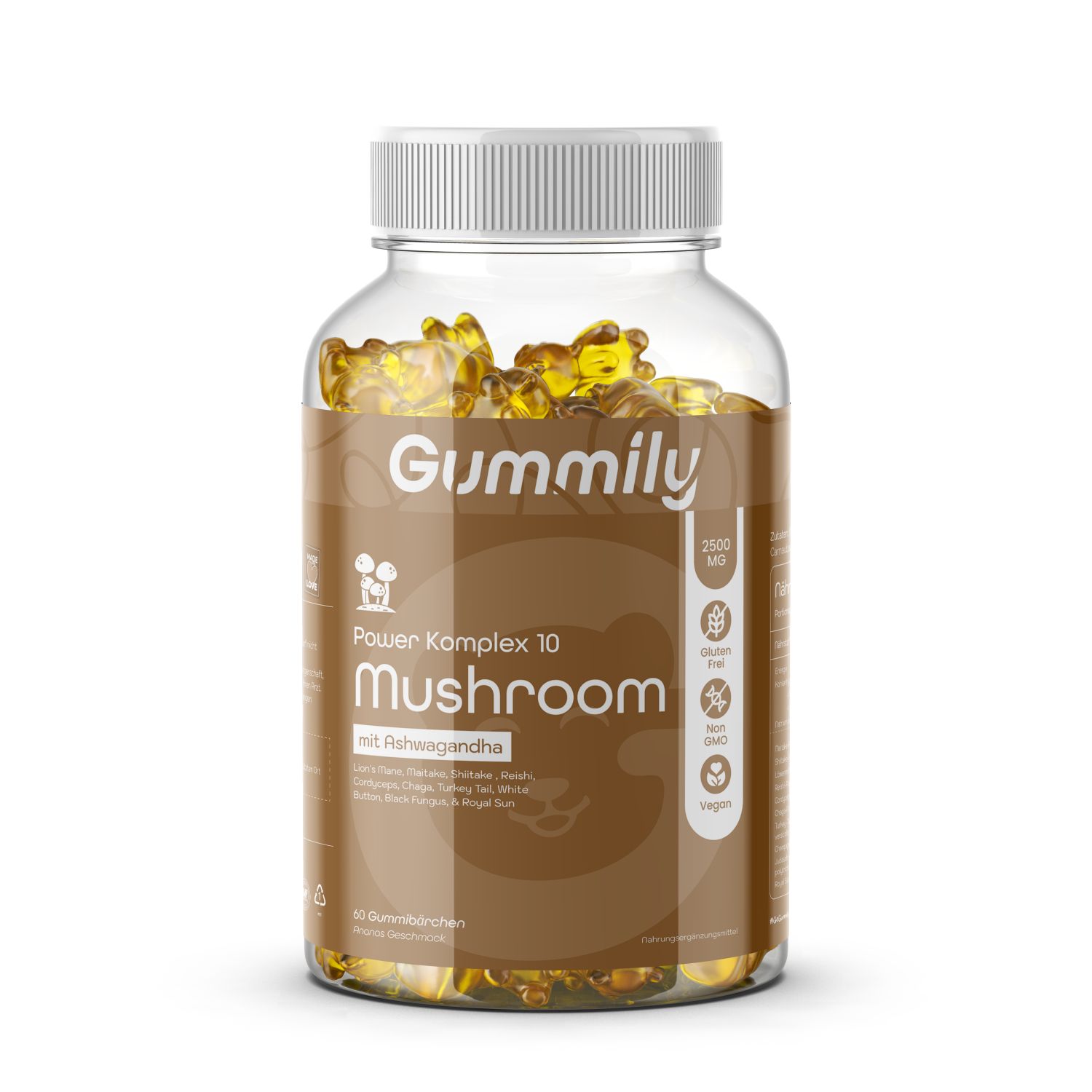 Klare Glasflasche mit Gummily Power Komplex 10 Mushroom Gummibärchen. Braunes Etikett mit Produktinformationen. Vegan, glutenfrei, GMO-frei.