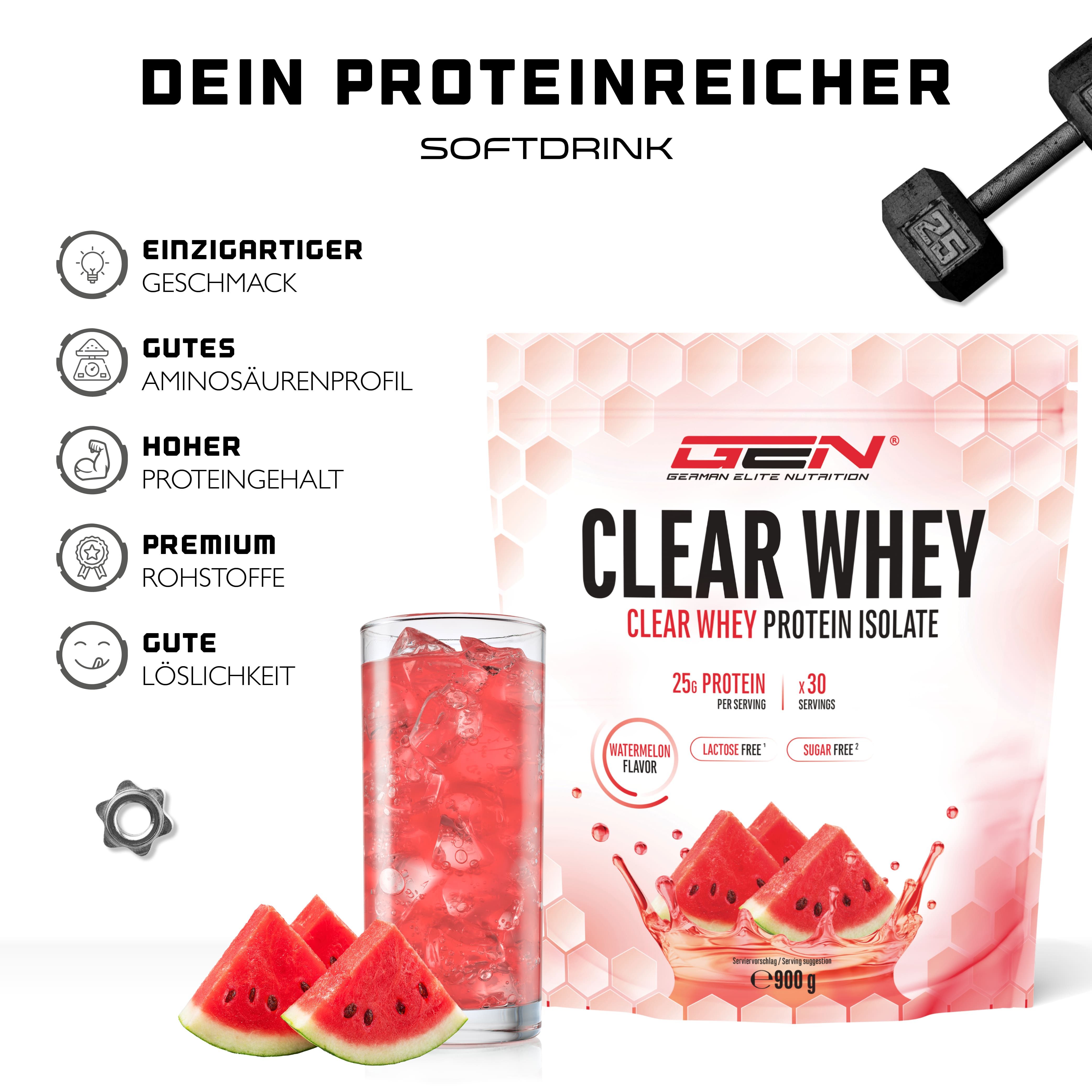 Werbung für Clear Whey. Produkt und Glas mit Getränk, Wassermelonenstücke. 25g Protein, 30 Portionen. GEN Clear Whey Protein Isolate.