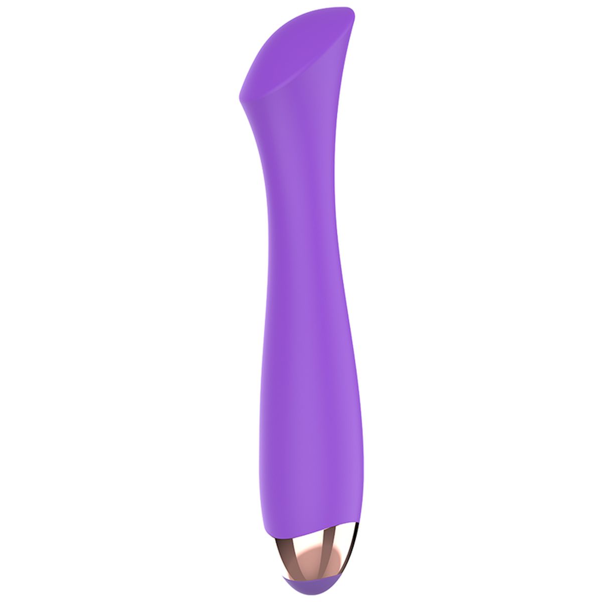 Lila Vibrator mit goldfarbenem Kopf. Geschwungene Form. Auf weißem Hintergrund.