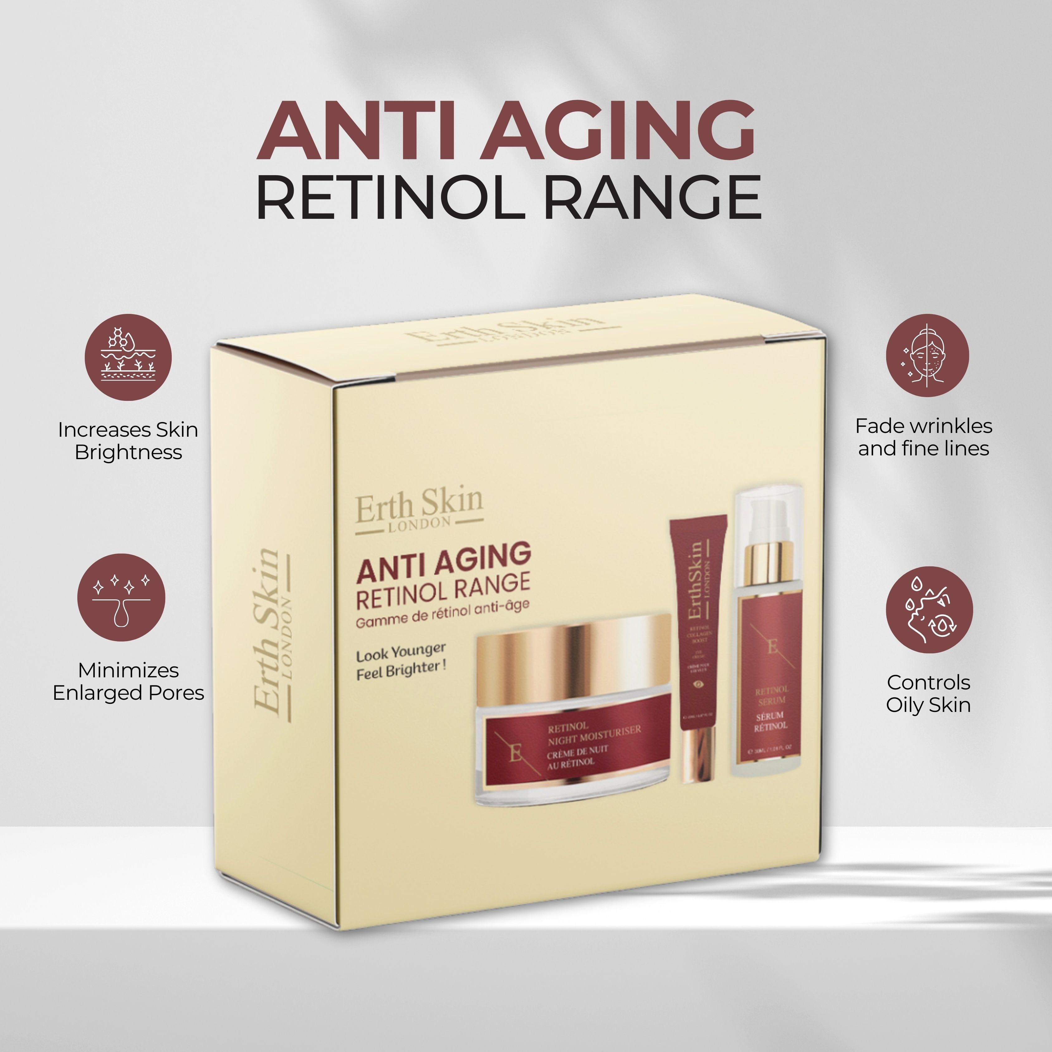 Geschenkbox mit Hautpflegeprodukten. Enthält Creme, Serum und Augencreme. Text: Anti-Aging Retinol Range. Icons zeigen Vorteile.