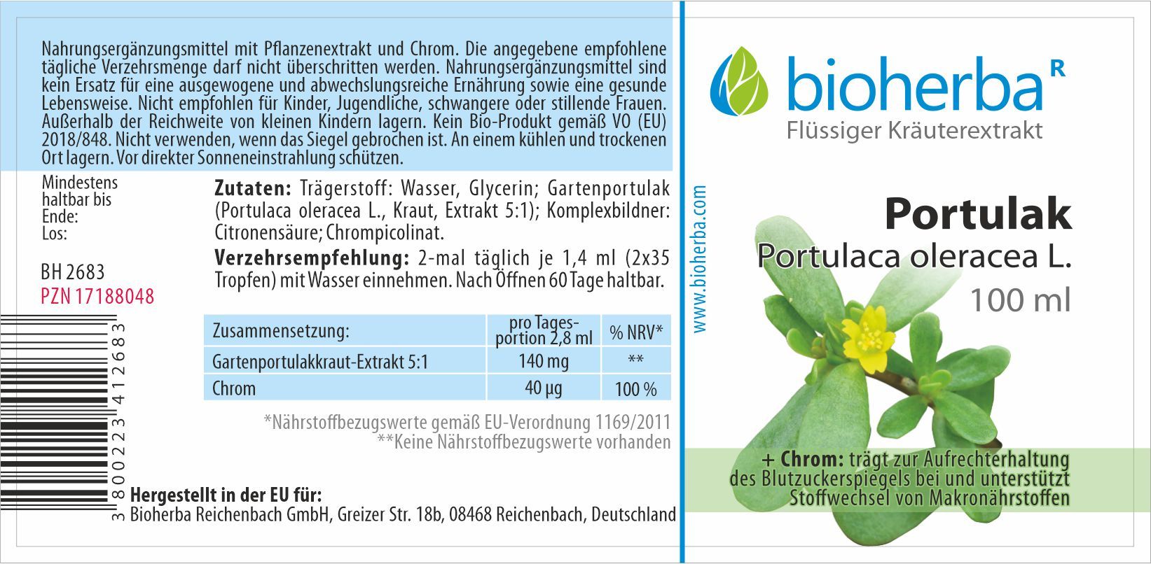 Etikett mit Produktinformationen und Logo. Text in deutscher Sprache. Enthält Zutaten und Dosierung.