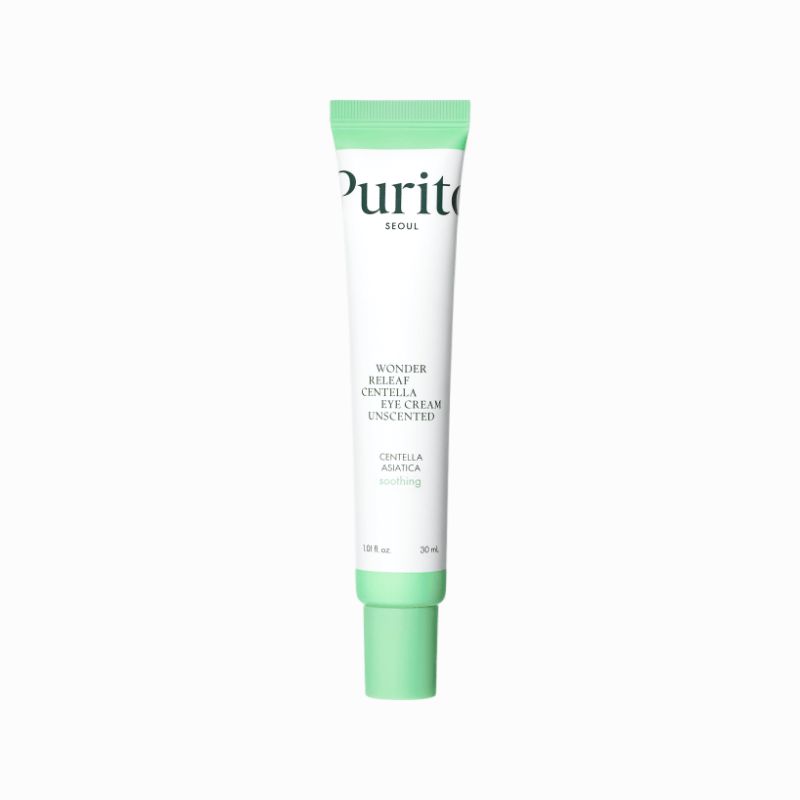 Weiße Tube mit grünem Deckel. Aufschrift: PURITO, Wonder Releaf Centella Eye Cream Unscented.