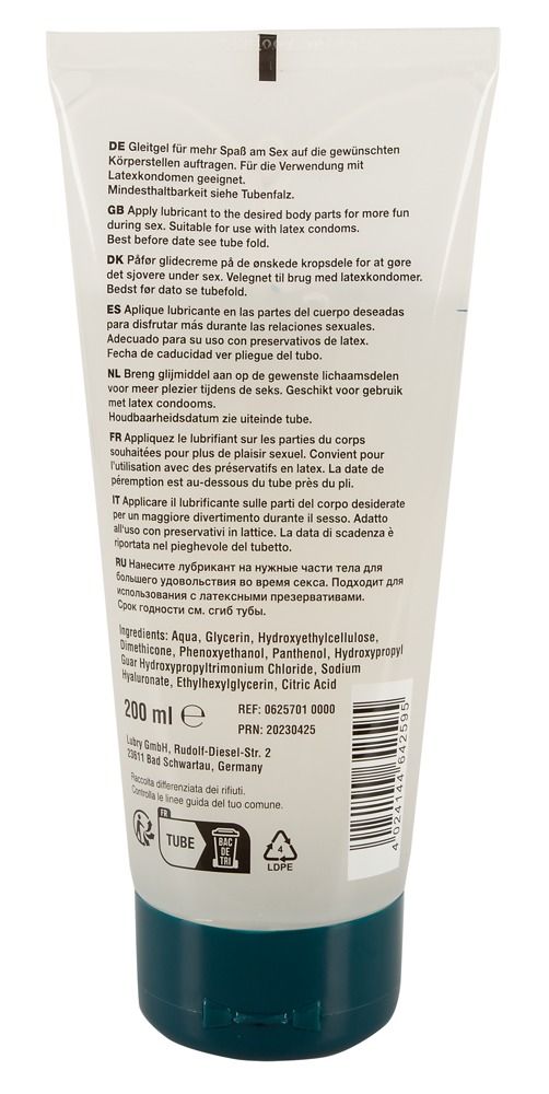 Rückseite einer Tube Gleitgel. Text in mehreren Sprachen. Inhaltsstoffe und Herstellerangaben. Blaue Verschlusskappe.