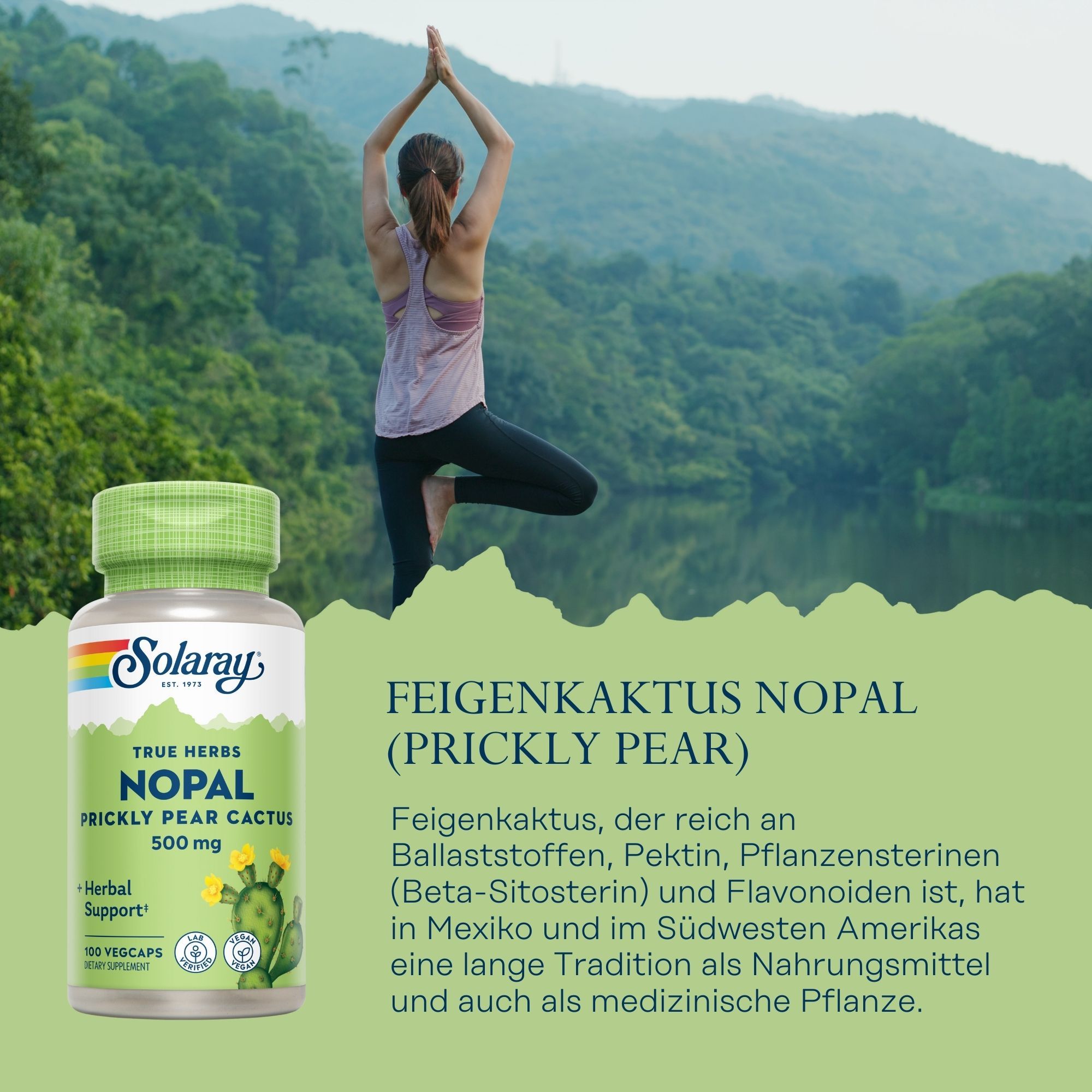 Solaray Nopal-Kapseln, 500 mg, neben einer Frau, die Yoga macht. Text: Feigenkaktus Nopal (Prickly Pear).