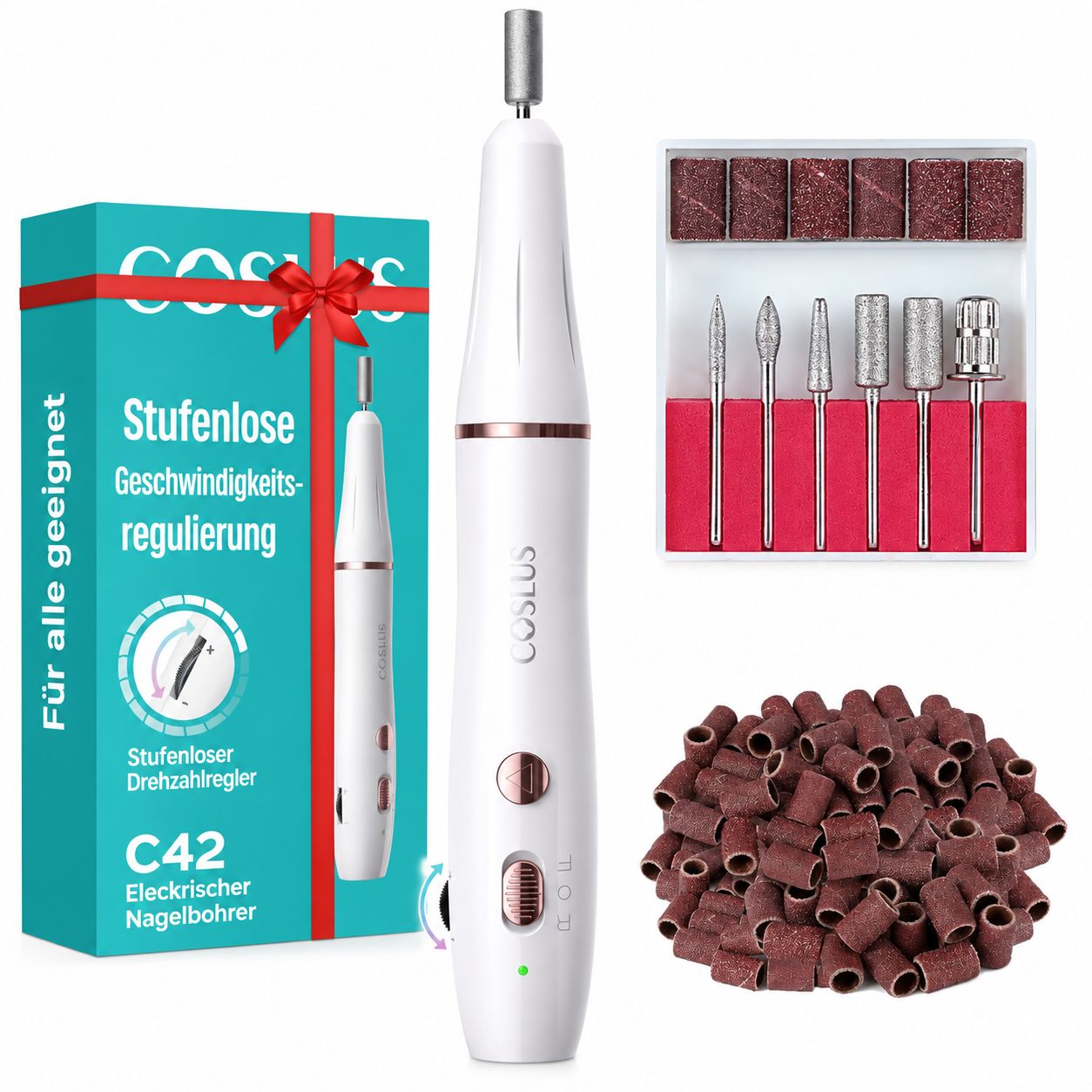 Elektrischer Nagelfräser mit Zubehör, Geschenkbox und vielen Schleifhülsen.
