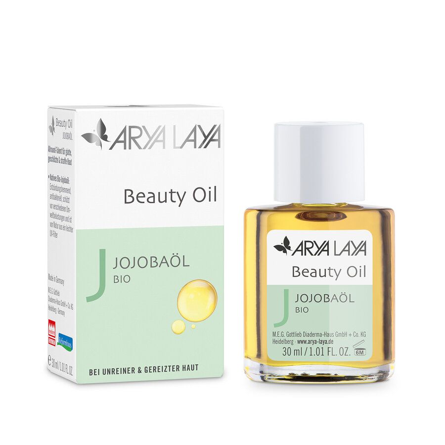 Arya Laya Beauty Oil Jojobaöl Bio in Glasflasche mit Kartonverpackung.